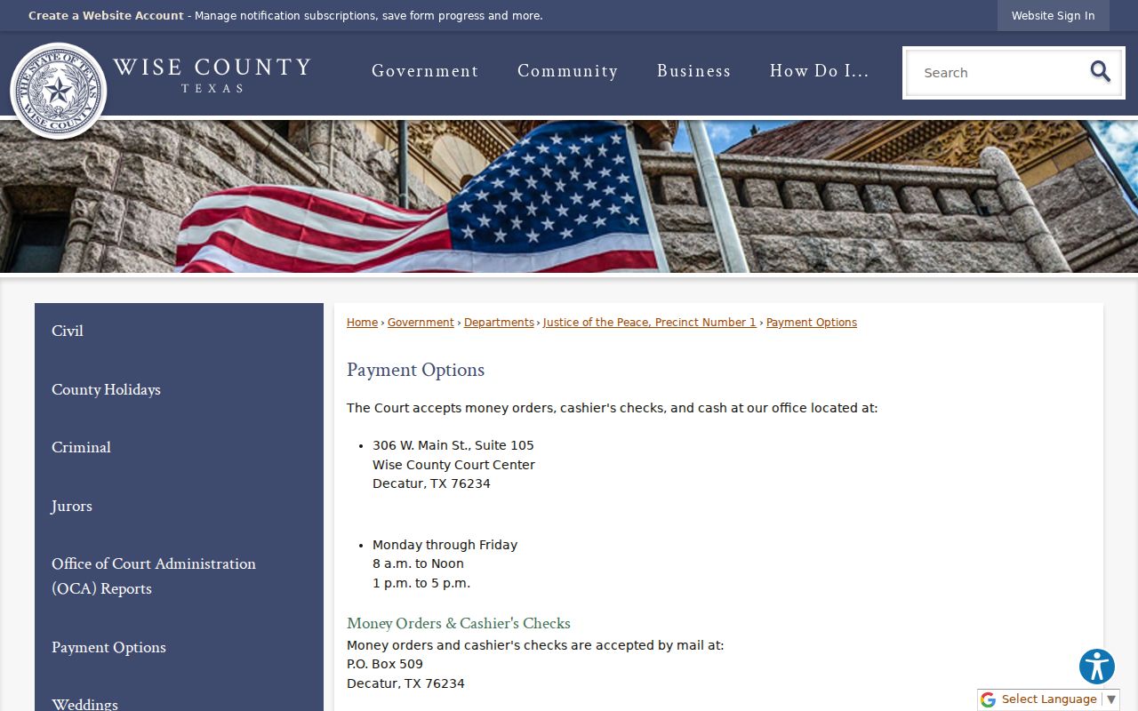 Wise County JP1 payment instructions for a bench warrant or Omni question